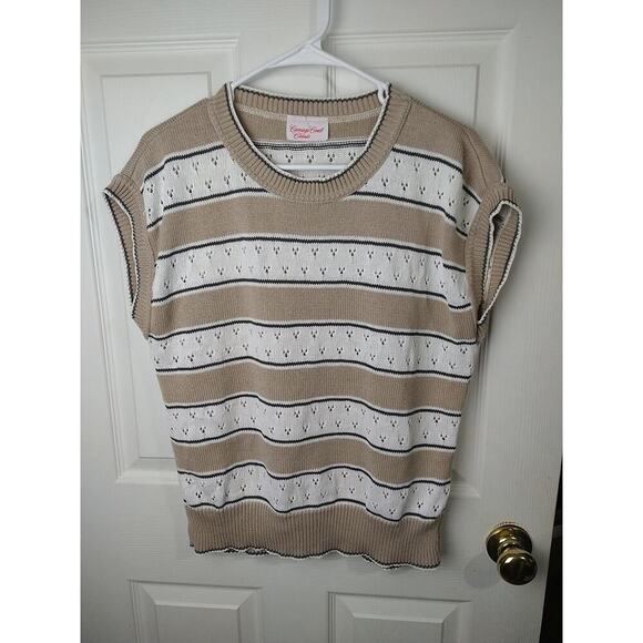 Carriage Court Classics Woman L* Sweater Short Sleeve Brown White Striped... - Picture 1 of 7